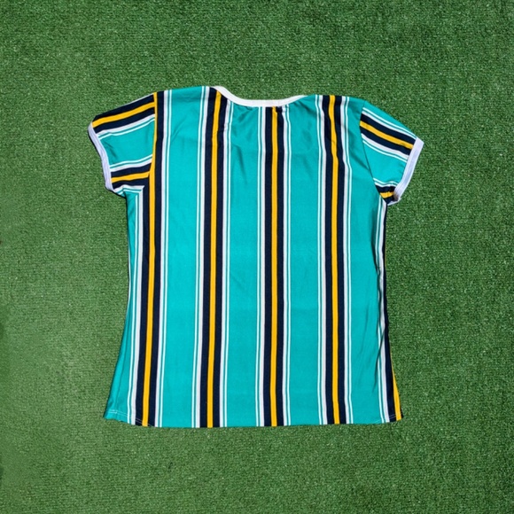 Marci Womens Juniors Green Blue White Yellow Striped Short Sleeve Shirt SzXL GUC - Picture 8 of 8